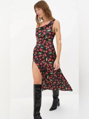 For Love And Lemons Xena Cherry Print Asymmetrical Slit Midi Dress